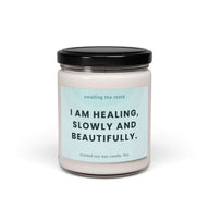 Healing affirmation soy candle in a 9oz jar, featuring the message 'I am healing, slowly and beautifully,' ideal for postpartum and trying to conceive.