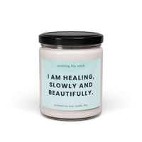 Healing affirmation soy candle in a 9oz jar, featuring the message 'I am healing, slowly and beautifully,' ideal for postpartum and trying to conceive.