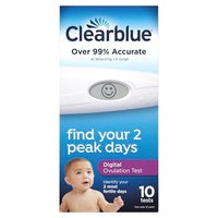 Clearblue Digital Ovulation Predictor Kit packaging, 10 tests, highlights over 99% accuracy for detecting LH surge.