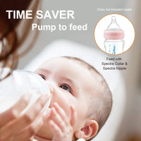 Baby feeding from a bottle with text "TIME SAVER Pump to feed," highlighting compatibility with Spectra parts.
