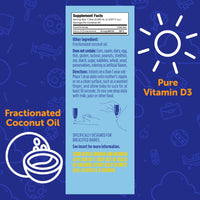 Ddrops Organic Baby Vitamin D product label showing supplement facts and instructions for use with fractionated coconut oil.