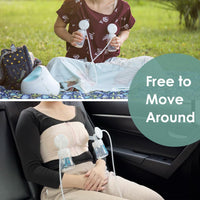 Woman using Maymom pump parts replacement kit outdoors and in a car for convenient pumping on the go.