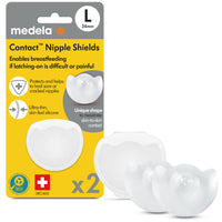 Medela Contact Nipple Shields packaging and shields, designed to assist breastfeeding and improve latching difficulties.