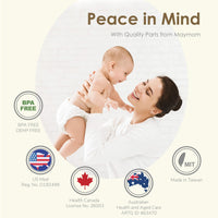 Mother and baby showcasing Maymom's BPA-free and quality parts, emphasizing safety and peace of mind.
