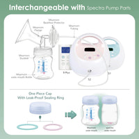 Maymom Pump Parts kit showing Spectra S1, S2 pumps, duckbill valve, backflow protector, and wide-mouth bottles for moms.