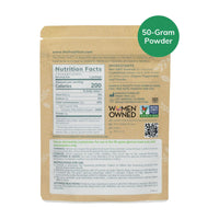 The Fresh Test 50g powder bag showing nutrition facts, pregnancy-safe glucose drink for moms.
