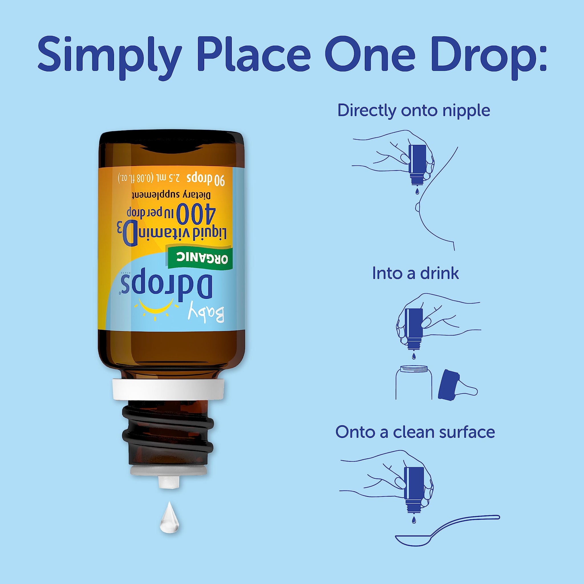 Ddrops Organic Baby Vitamin D bottle showing usage methods for easy administration, including nipple, drink, and clean surface.