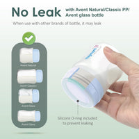 No leak silicone O-ring bottle compatibility with Avent Natural, Classic PP, and glass bottles.