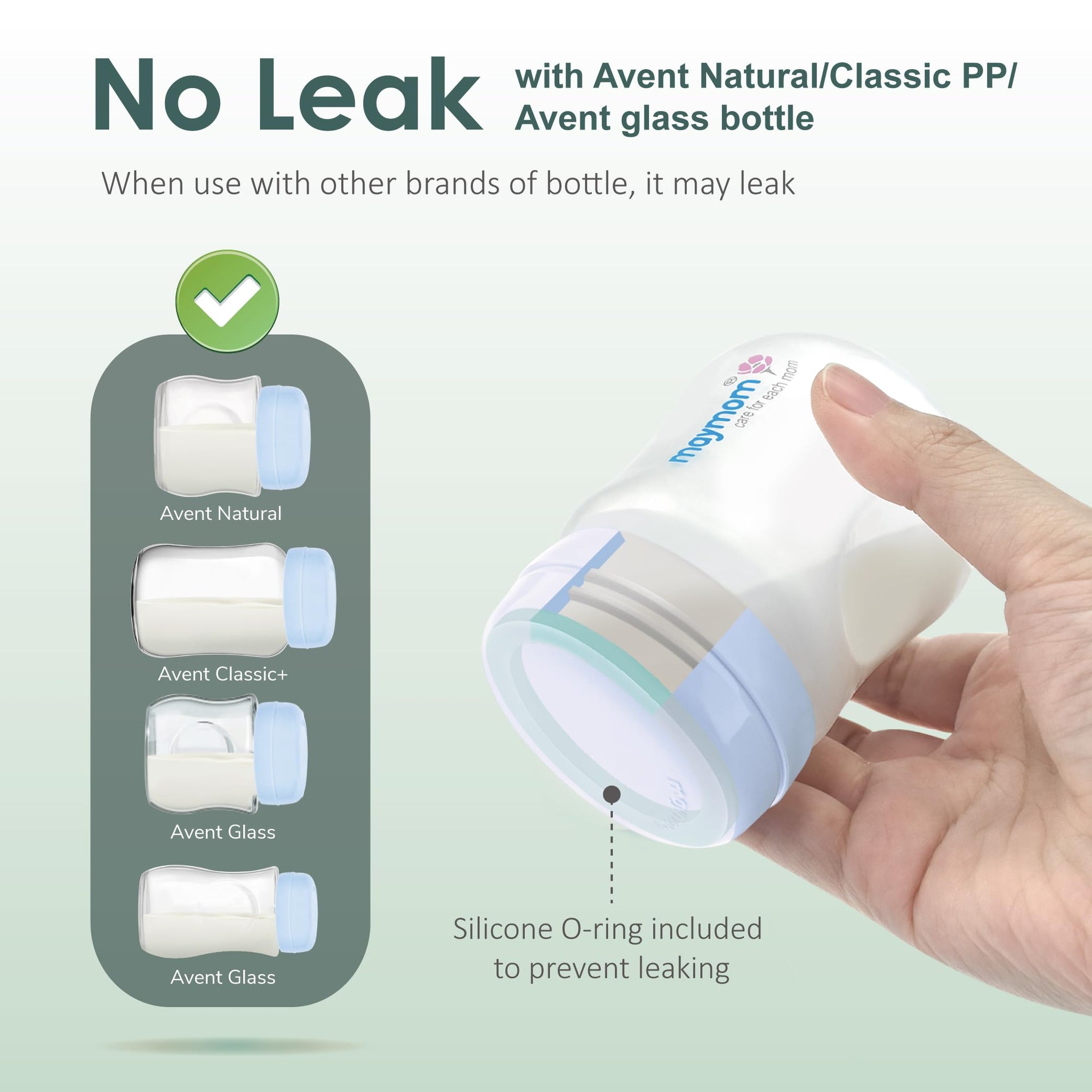 No leak silicone O-ring bottle compatibility with Avent Natural, Classic PP, and glass bottles.
