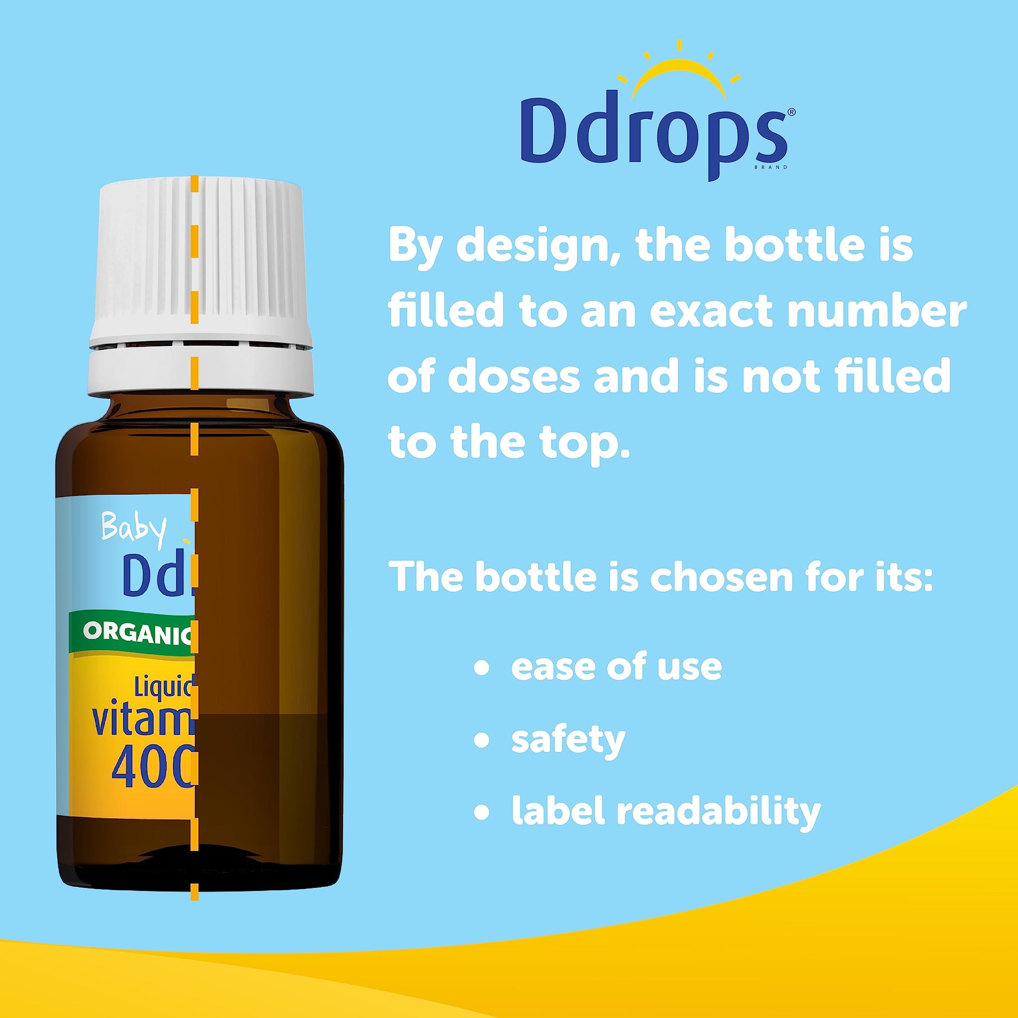 Ddrops organic baby vitamin D 400 IU liquid drops bottle designed for ease of use, safety, and label readability.