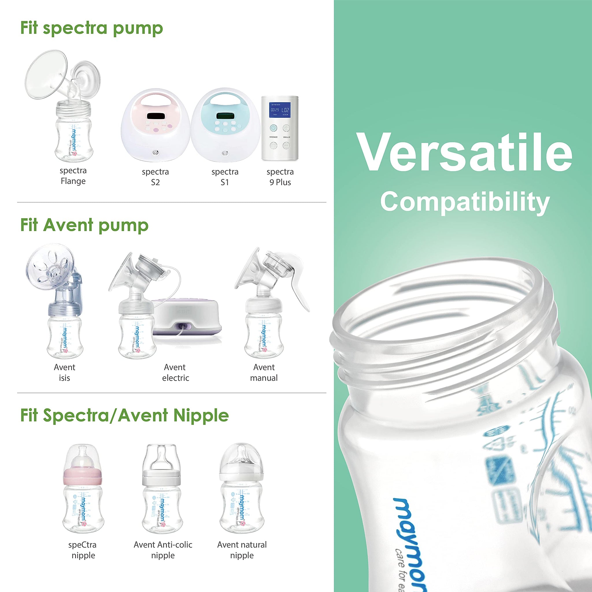 Maymom Pump Parts replacement kit compatibility with Spectra S1, S2, 9 Plus, and Avent pumps and nipples.