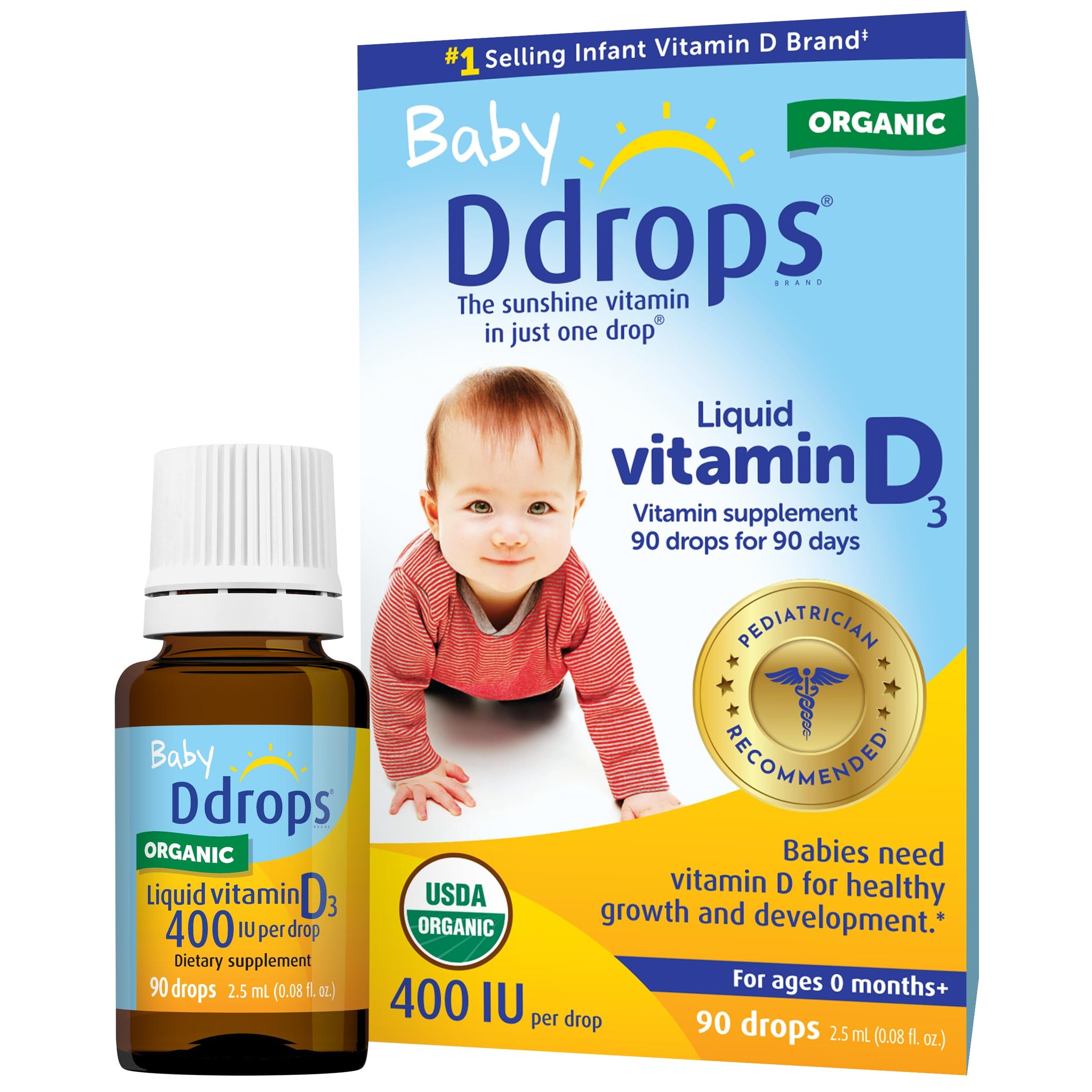 Ddrops Organic Baby Vitamin D 400 IU daily drops bottle and packaging for newborn bone health support.