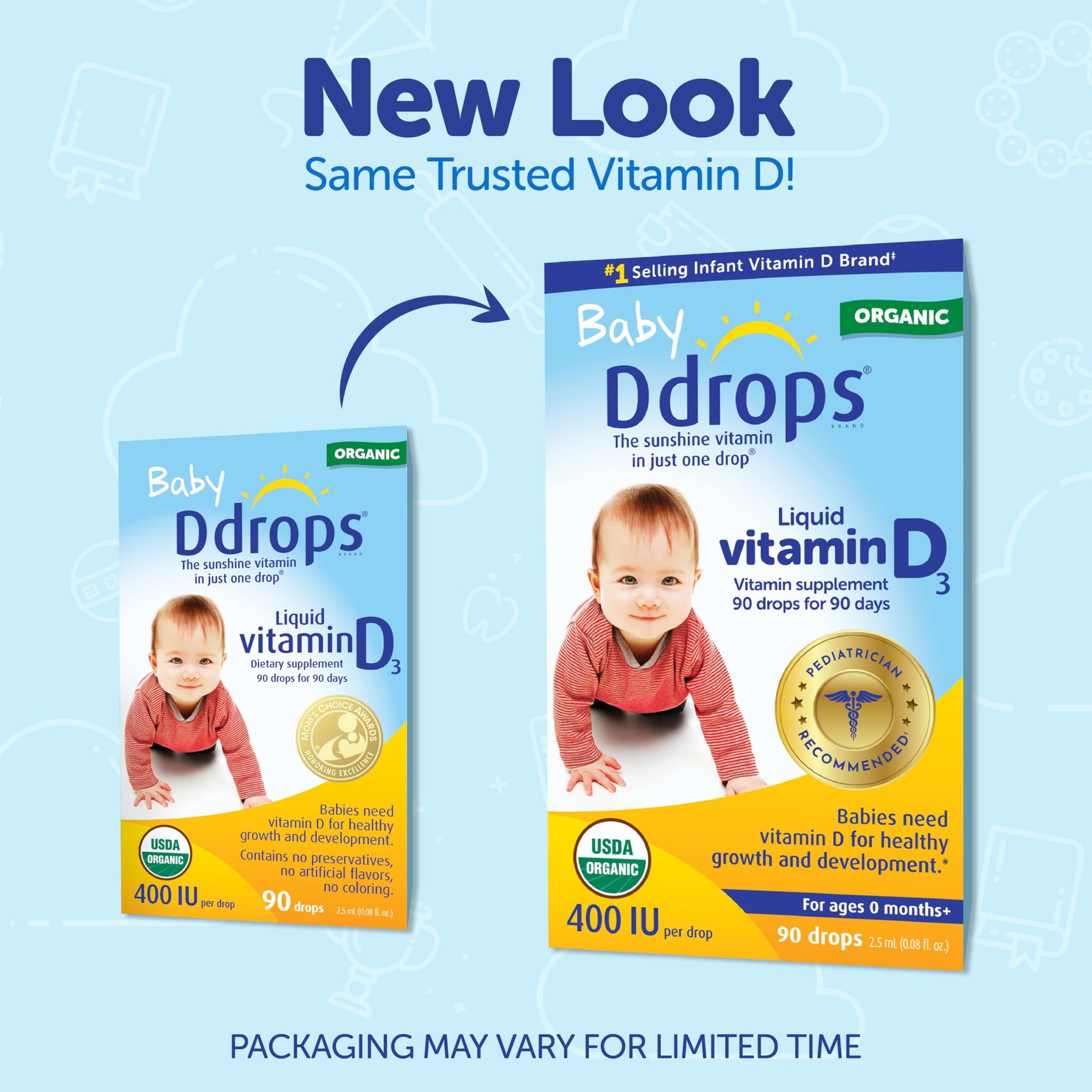 Ddrops organic baby vitamin D 400 IU packaging update showcasing new design for daily vitamin D support.