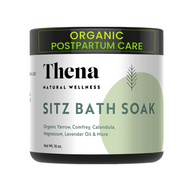 Thena Organic Sitz Bath Soak for postpartum recovery with herbal botanicals and essential oils, 16 oz jar.