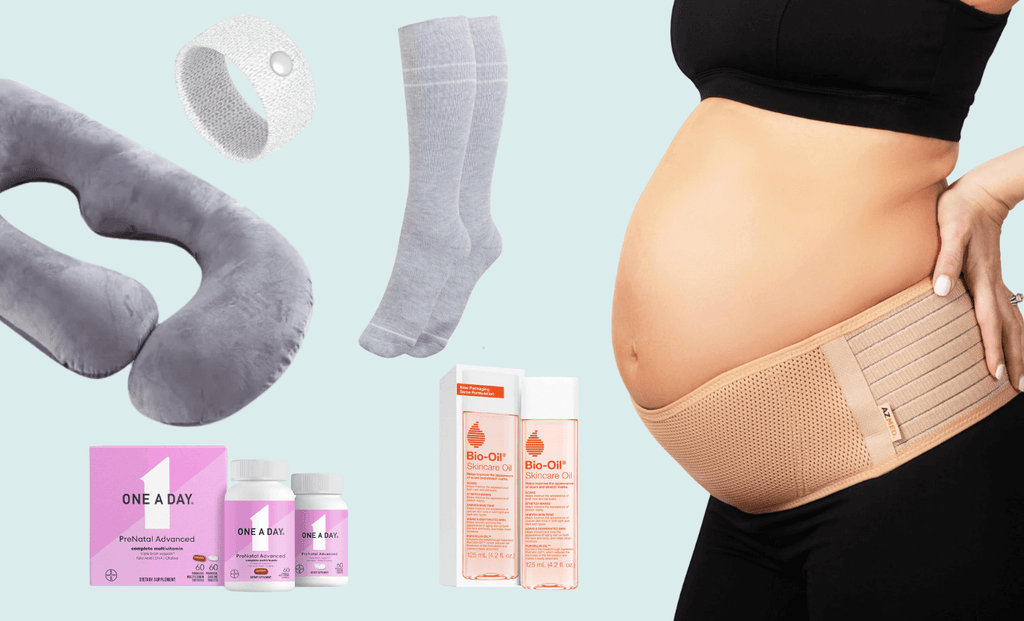 Hero image showcasing pregnancy essentials, including a maternity pillow, anti-nausea wristband, compression socks, prenatal vitamins, Bio-Oil skincare, and a belly support band. 