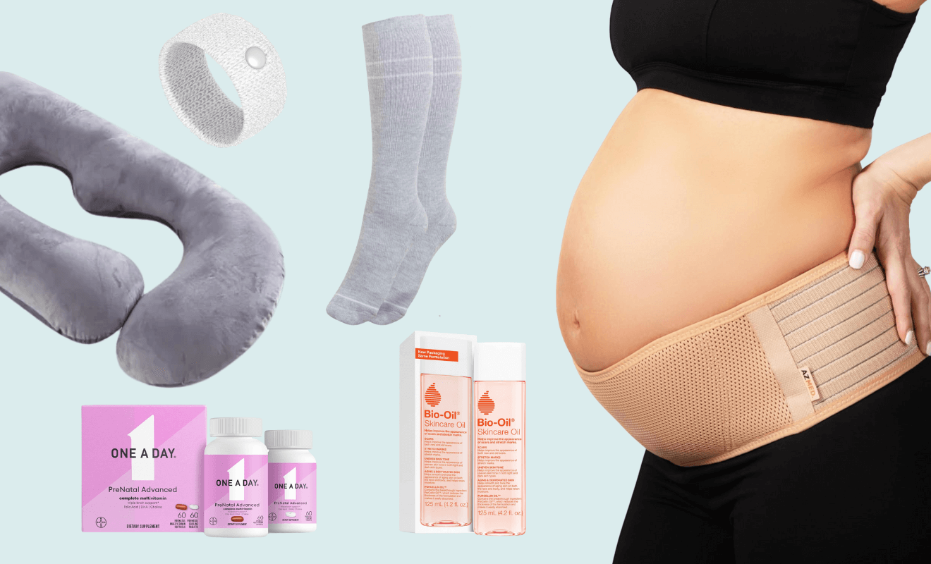 Hero image showcasing pregnancy essentials, including a maternity pillow, anti-nausea wristband, compression socks, prenatal vitamins, Bio-Oil skincare, and a belly support band. 