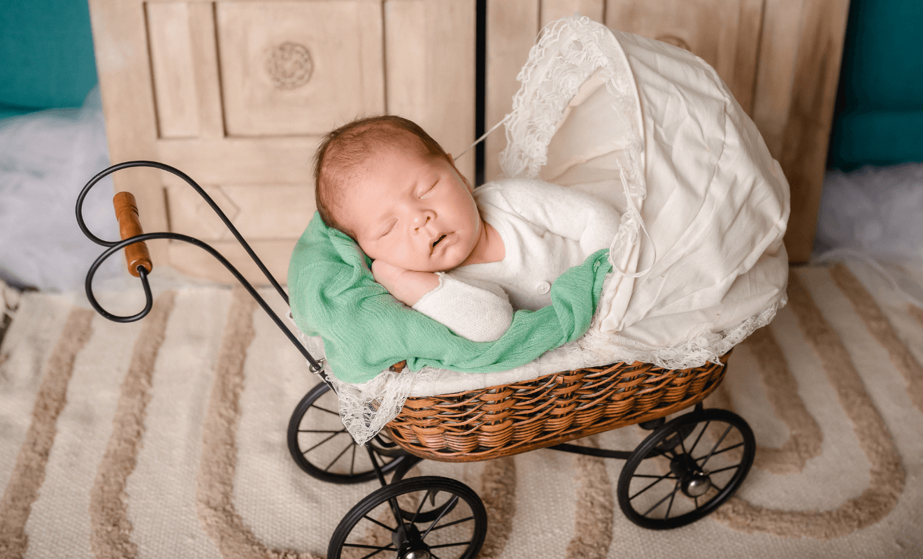 Adorable sleeping newborn baby comfortably nestled in a vintage-style stroller, perfect for exploring the best newborn strollers in 2025