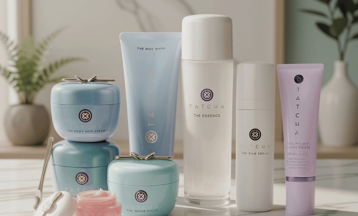 Tatcha skin care jars, tubes and bottles arranged on a bathroom counter