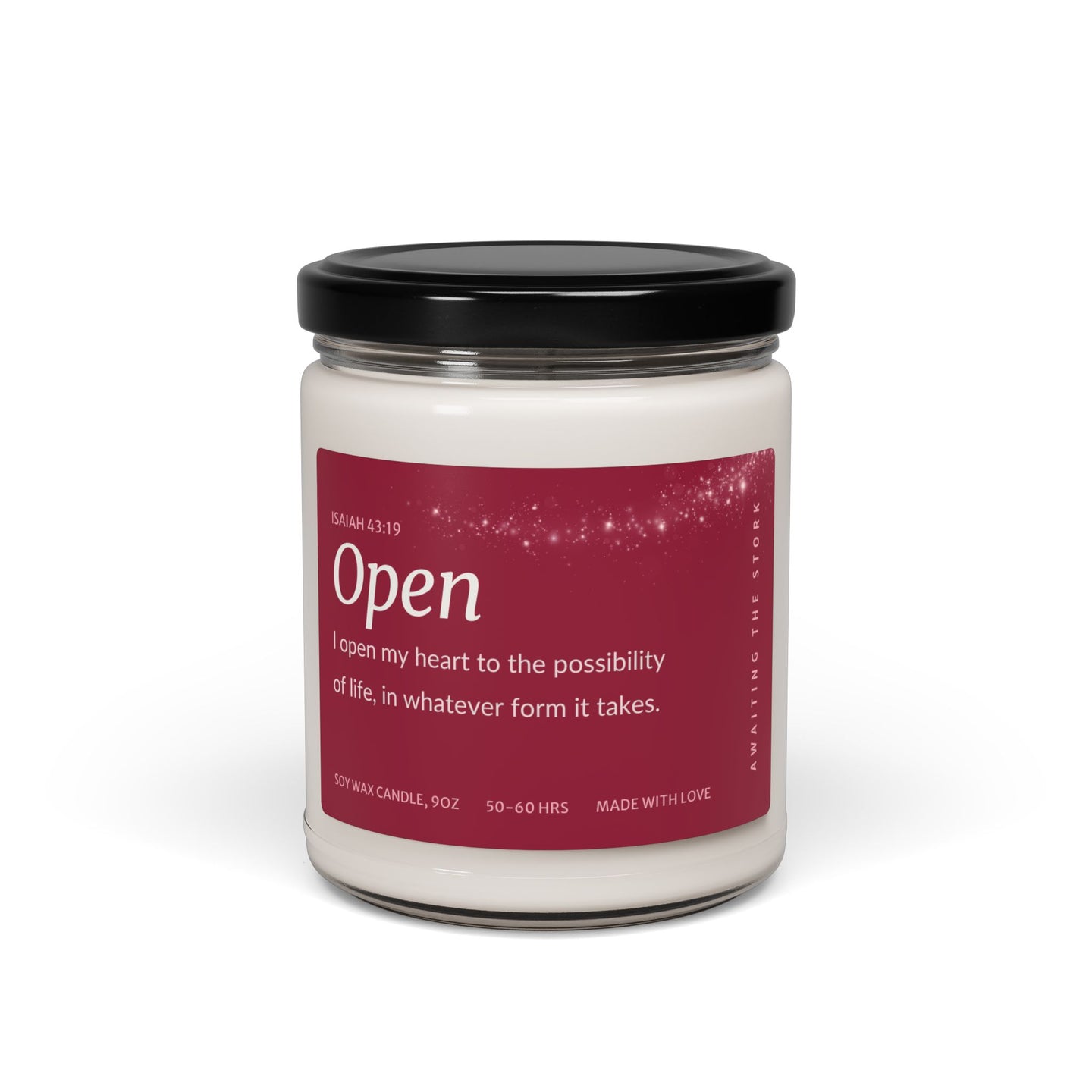 Open Fertility Affirmation Candle for TTC with a message of possibility and hope, 9oz soy wax candle.