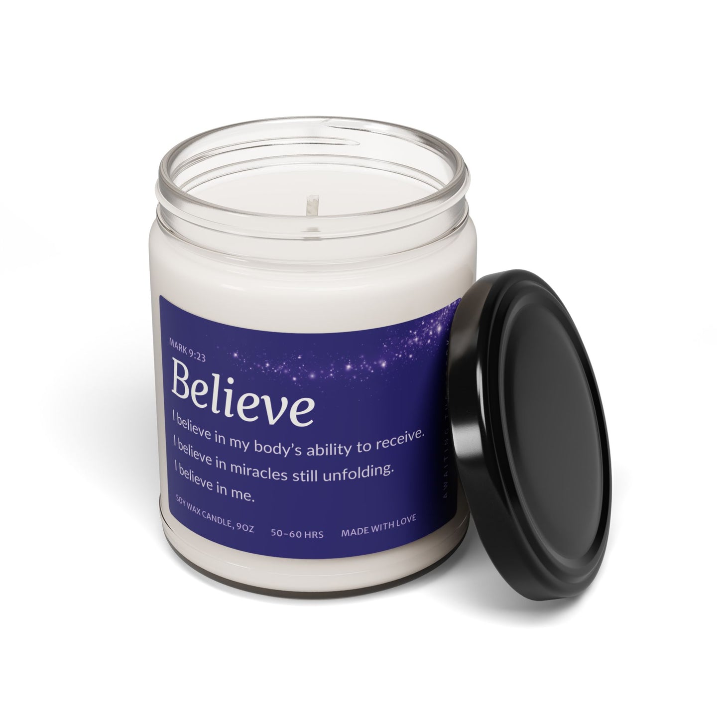 Believe affirmation candle for fertility affirmation candle and emotional support during TTC journey.