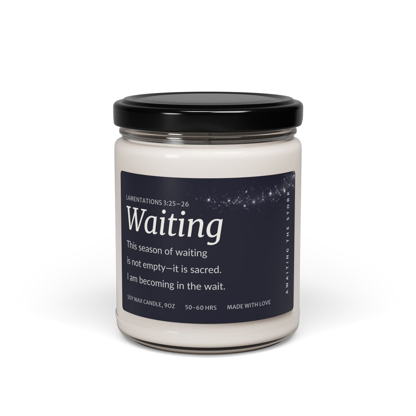 Fertility affirmation candle labeled 'Waiting' for TTC journey, symbolizing hope and patience during the process.