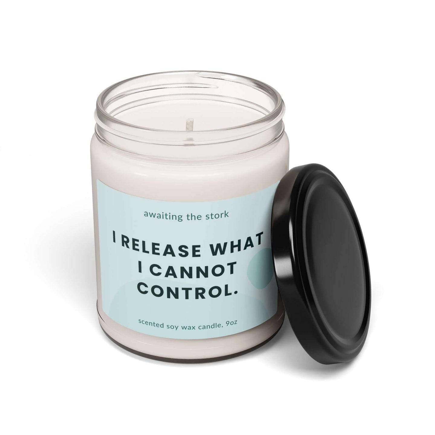 Calming affirmation soy candle with the message 'I release what I cannot control' for pregnancy and postpartum support.