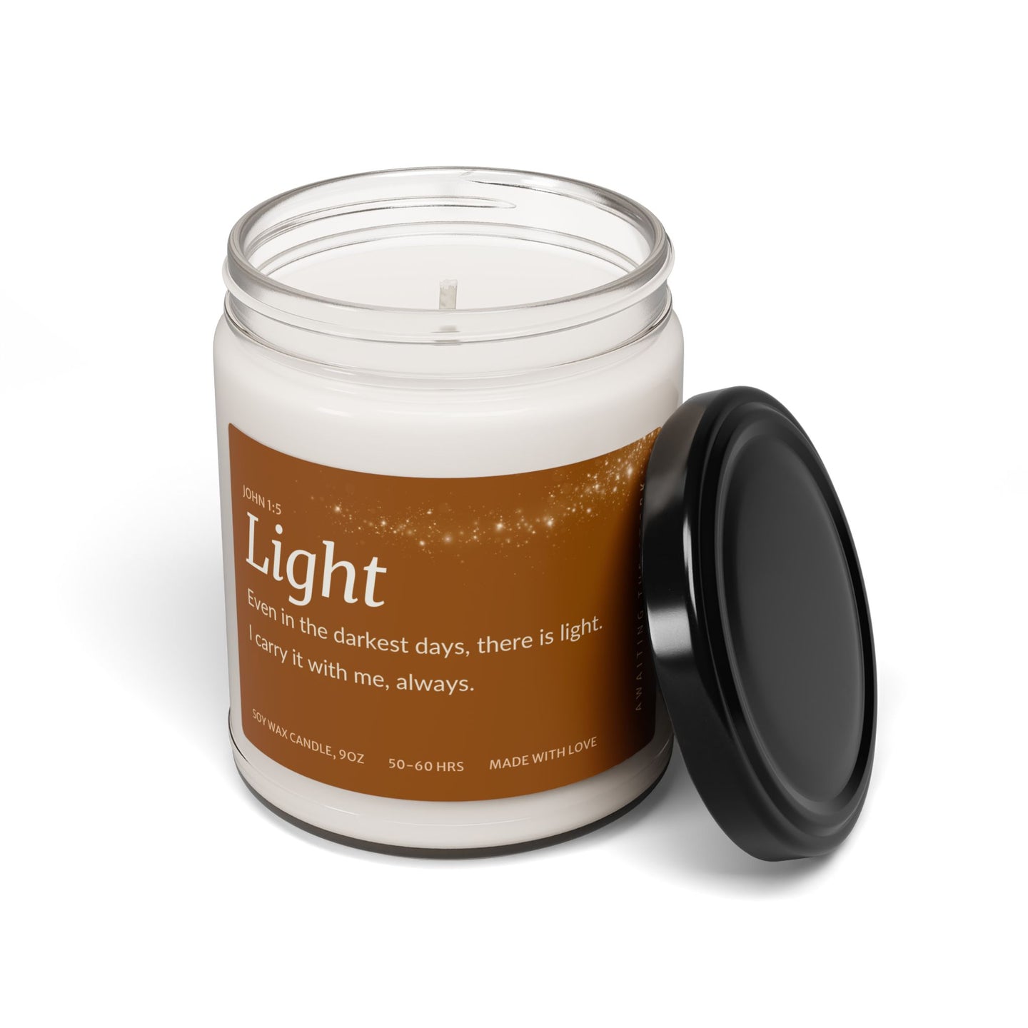 Light Fertility Affirmation Candle for TTC in a jar with a black lid, promoting hope and clarity.