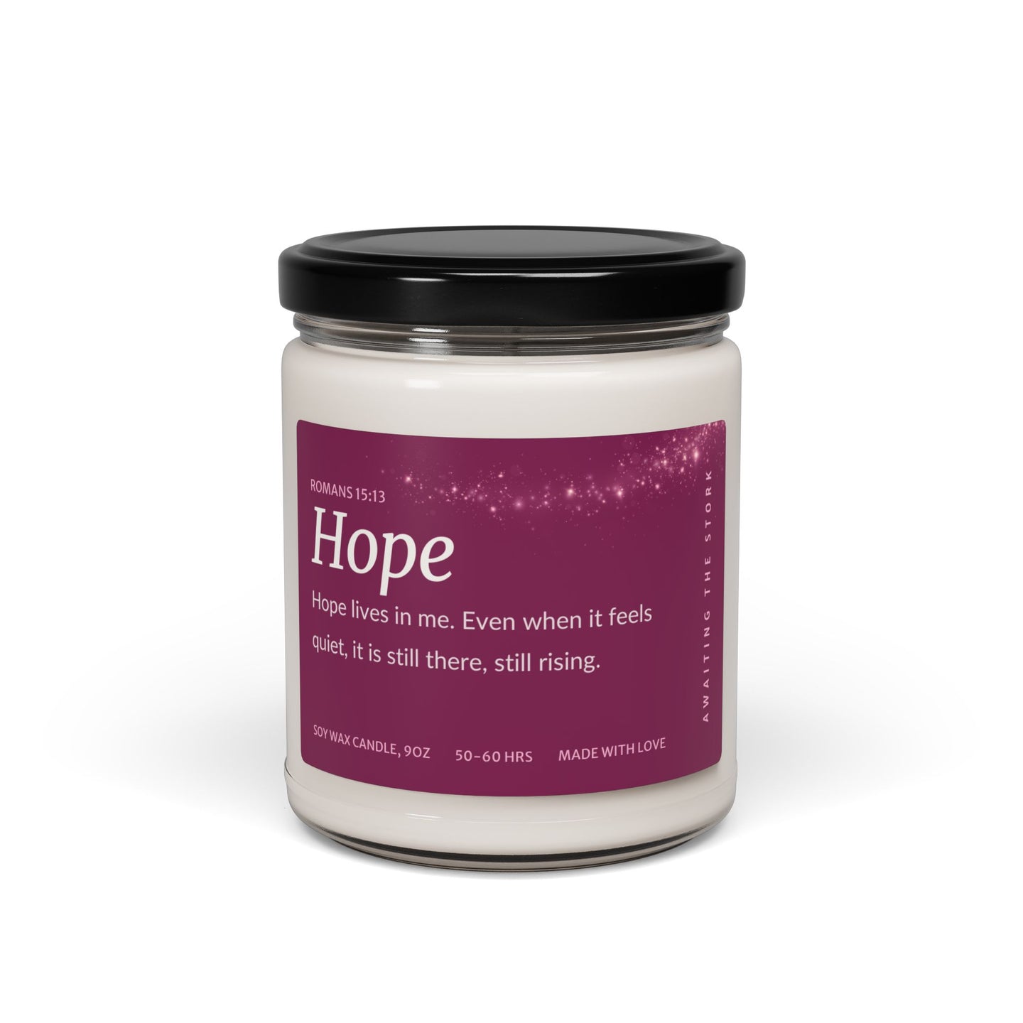 Fertility affirmation candle labeled 'Hope,' 9 oz. soy wax candle for women on the trying-to-conceive journey.