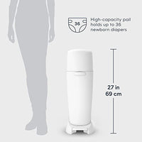 Diaper pail illustration showing a high-capacity design that holds up to 36 newborn diapers, with a height of 27 inches.
