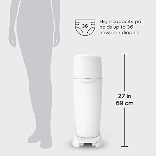 Diaper pail illustration showing a high-capacity design that holds up to 36 newborn diapers, with a height of 27 inches.
