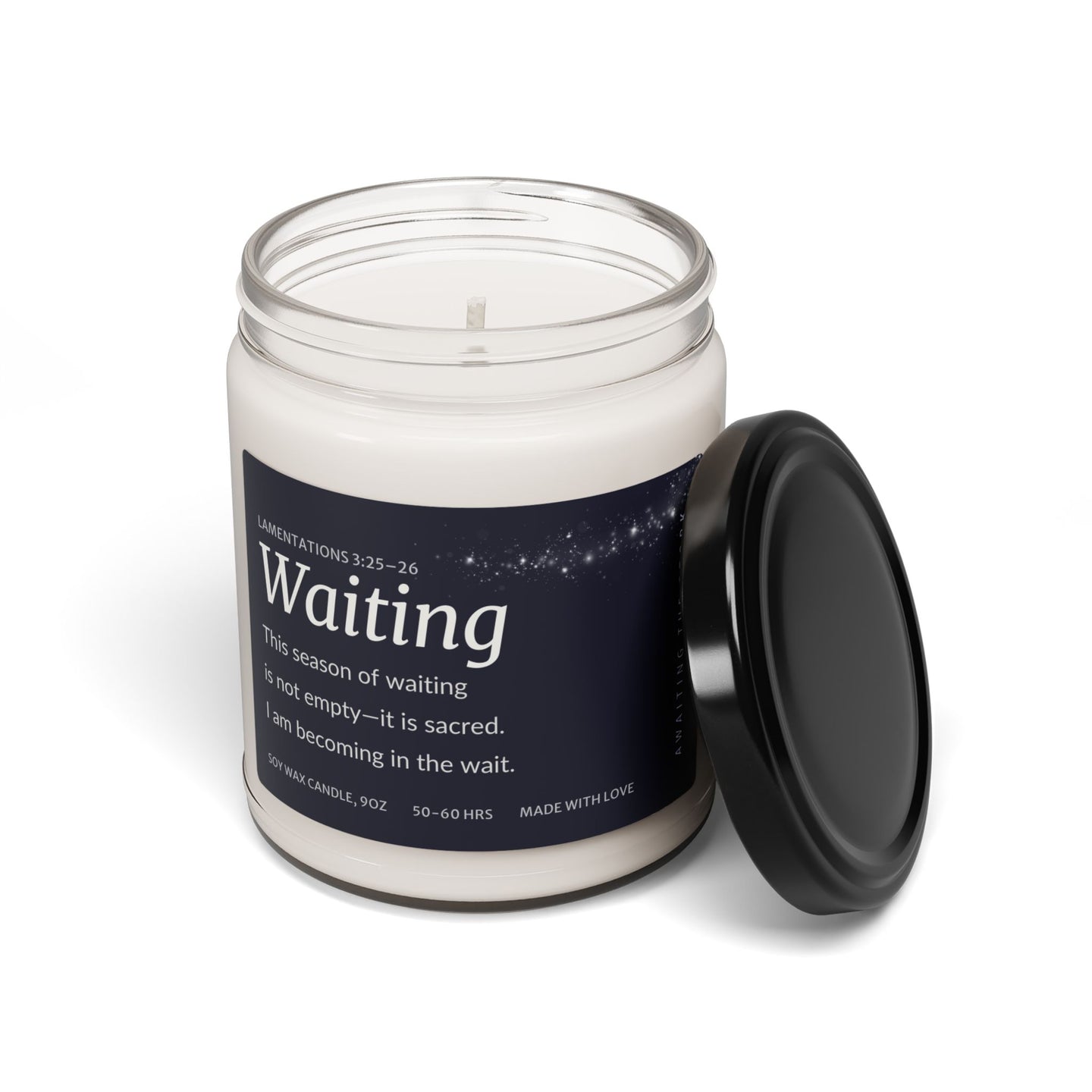 Fertility affirmation candle for TTC featuring a waiting theme, designed for women navigating fertility challenges.