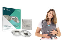 Koala Babycare silver nursing cups box and pouch beside a mother carrying her baby in a sling