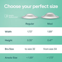 Koala silver nursing cups size chart: Regular is 1.73 inches wide for bras to size 32 and areolas under 1.69 inches, Maxi is 1.89 inches wide for bras from size 34 and areolas over 1.73 inches