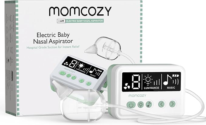 Momcozy electric baby nasal aspirator with hospital-grade suction for instant relief.