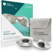 Koala Babycare silver cups packaging, storage pouch and the pair of cups shown together
