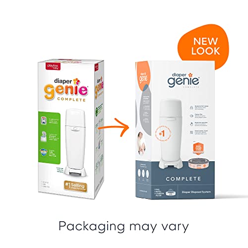 Playtex Diaper Genie Complete odor control diaper pail packaging with new look, showcasing front and side views.