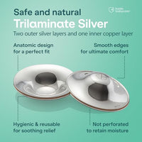 Diagram of the tri-laminate construction: two outer silver layers over one inner copper layer, anatomic shape, smooth edges and no perforations