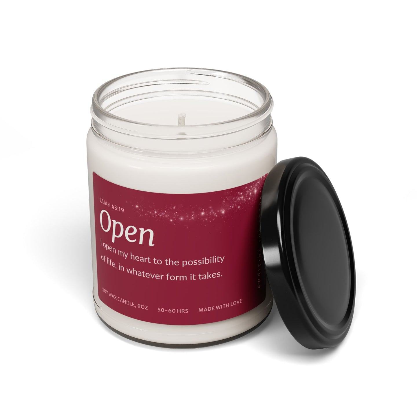 Fertility affirmation candle with a message of openness and hope, designed for those trying to conceive.