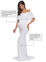 Maternity photoshoot dress featuring Glampunch off-shoulder ruffle gown with mermaid silhouette and flowing design.