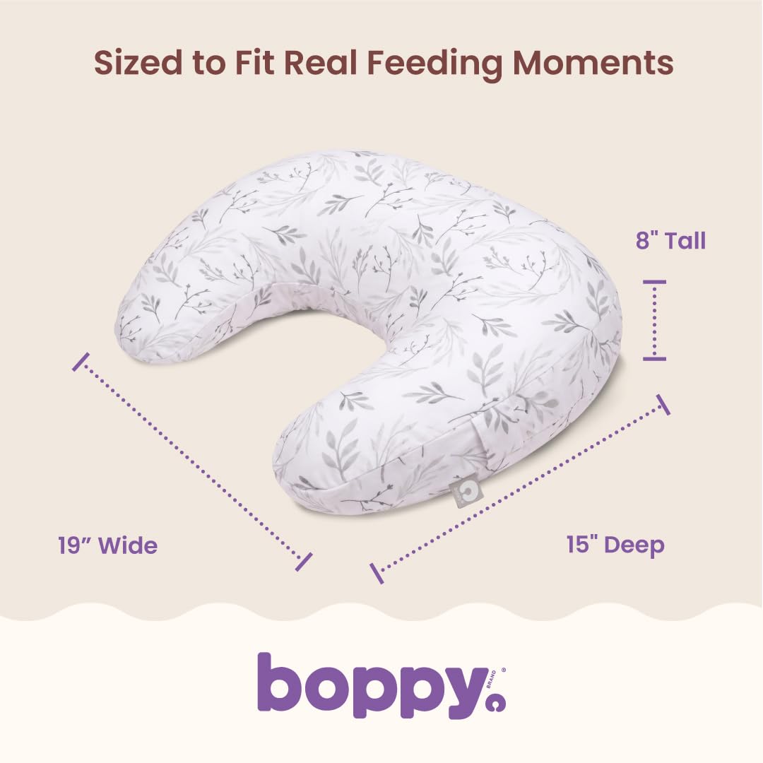 Dimensions diagram for the Boppy nursing pillow: 19 inches wide, 15 inches deep and 8 inches tall.
