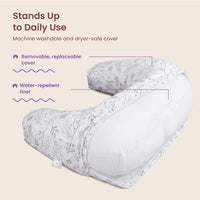 Cutaway of the Boppy pillow showing the removable, replaceable machine-washable and dryer-safe cover over a water-repellent inner liner.