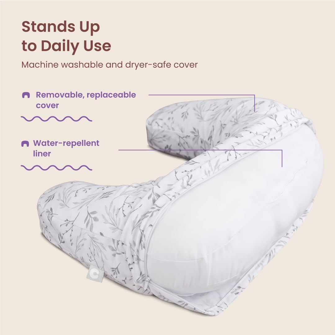 Cutaway of the Boppy pillow showing the removable, replaceable machine-washable and dryer-safe cover over a water-repellent inner liner.