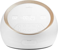 Spectra Synergy Gold dual motor breast pump, white dome with gold ring and separate left and right suction displays