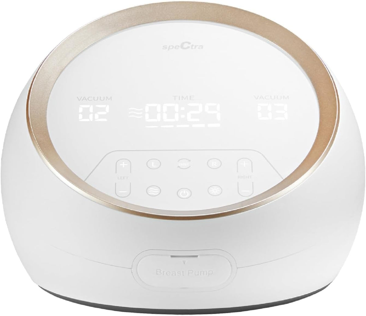 Spectra Synergy Gold dual motor breast pump, white dome with gold ring and separate left and right suction displays