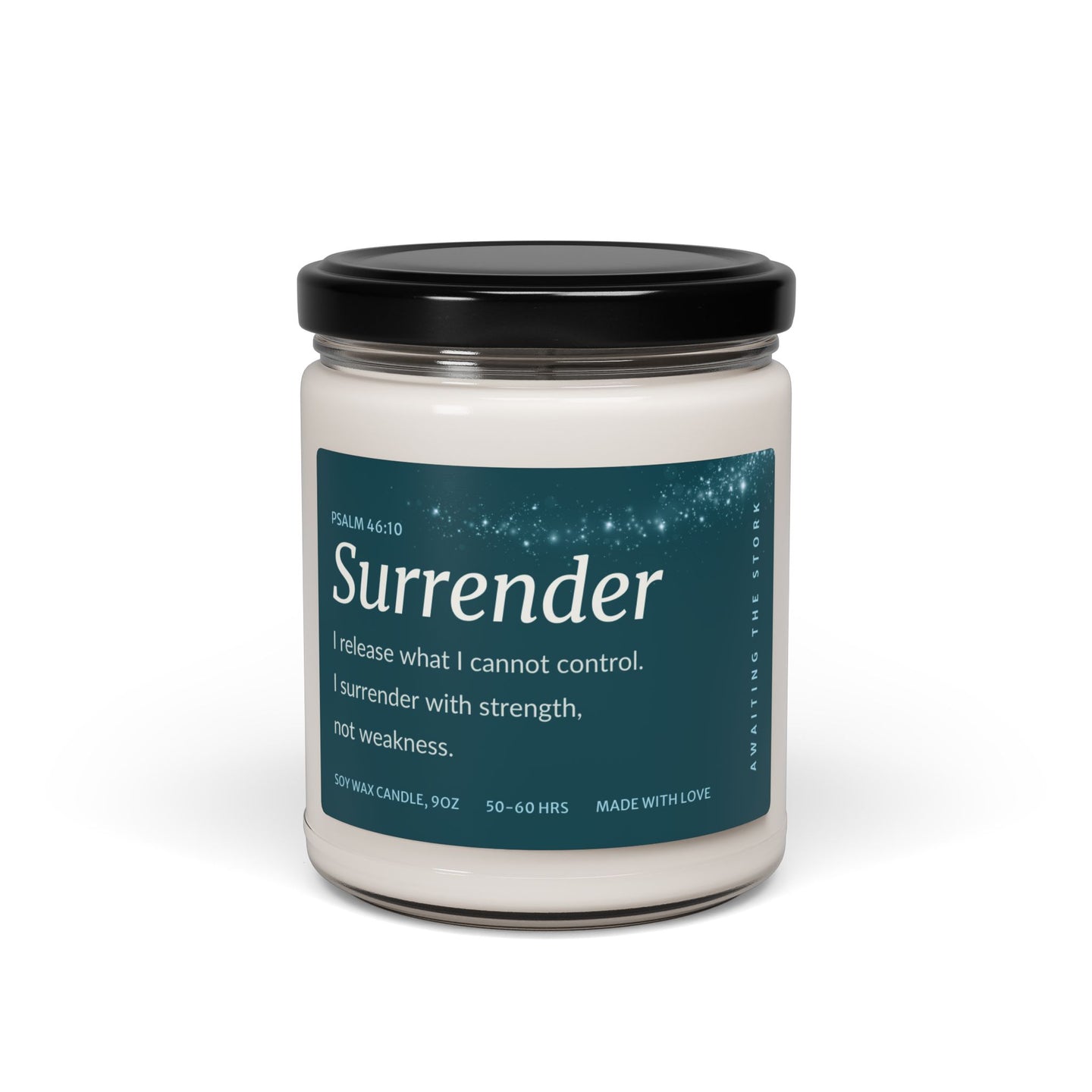 Fertility affirmation candle featuring the word 'Surrender' on a decorative label for TTC support.