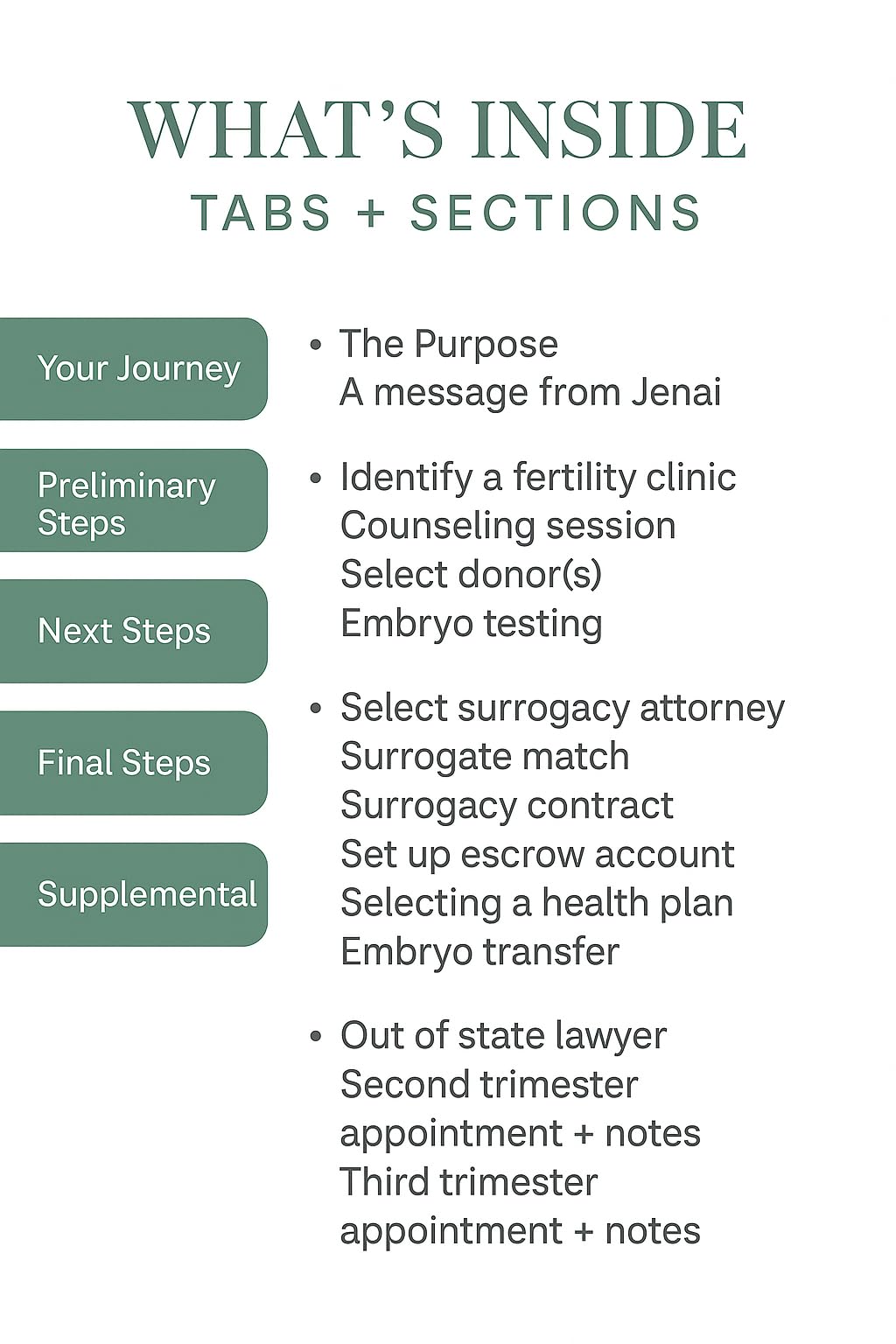 Infographic showing tabs and sections of the Surrogacy Planner including journey, steps, and supplemental information.