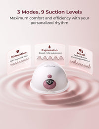 Hands free wearable breast pump displaying 3 modes and 9 suction levels for personalized comfort and efficiency.