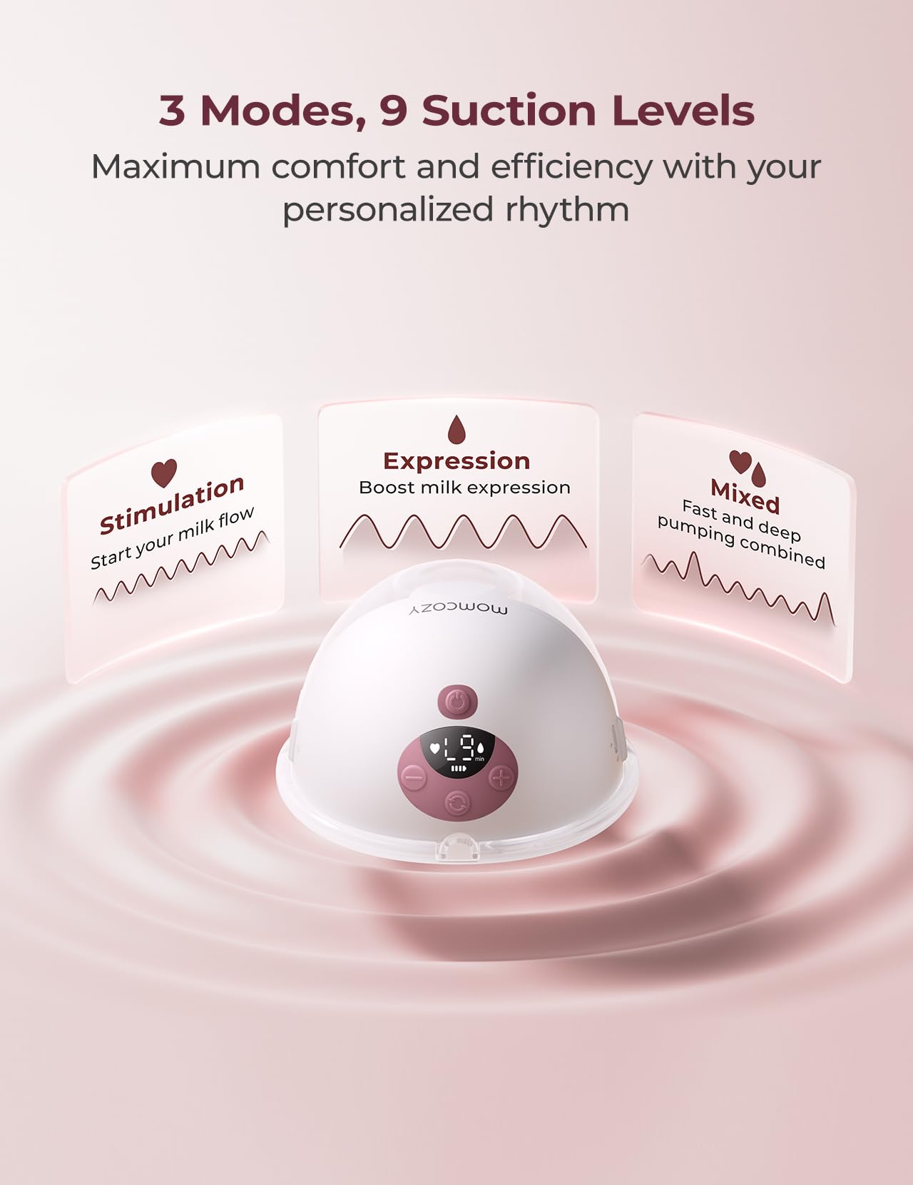 Hands free wearable breast pump displaying 3 modes and 9 suction levels for personalized comfort and efficiency.