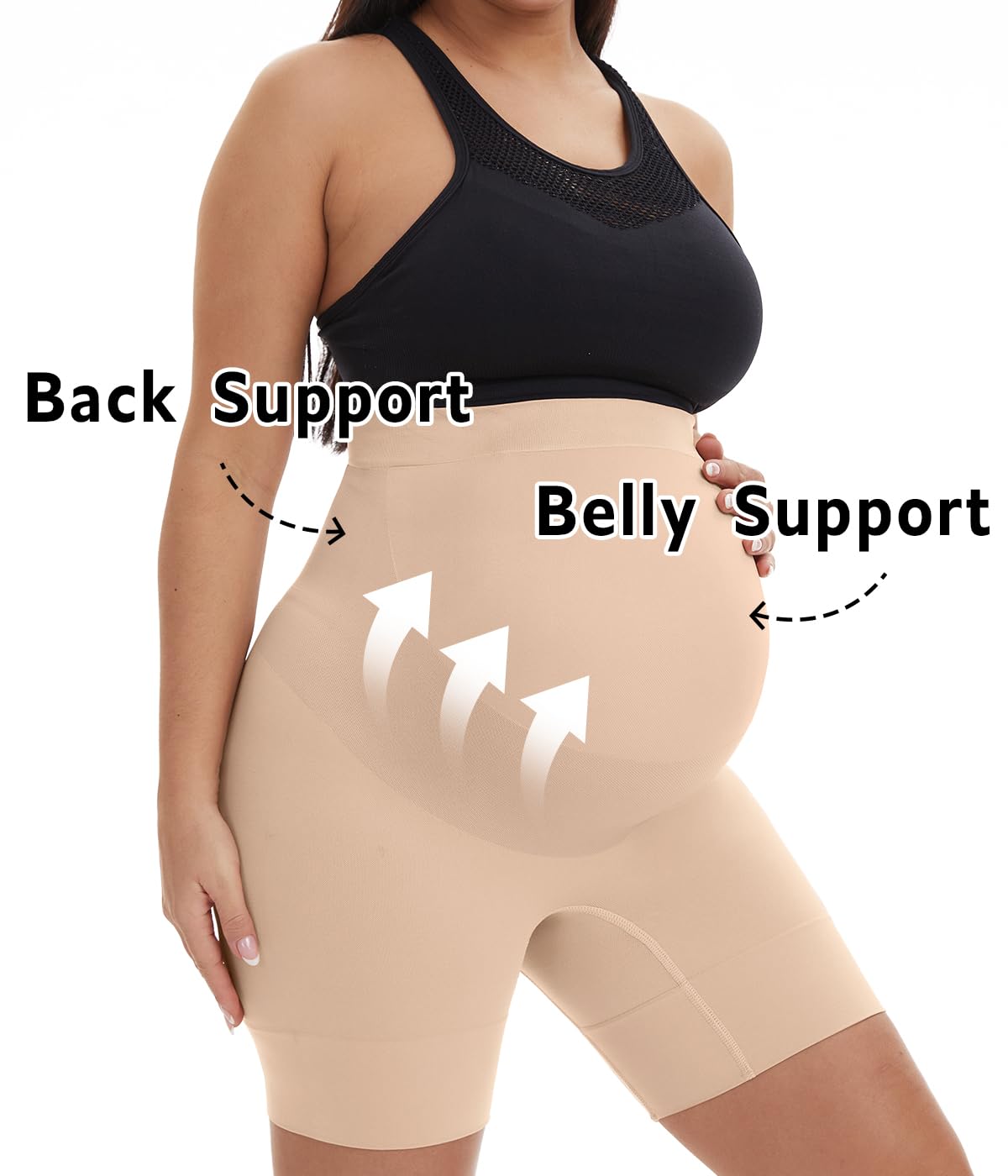 Postpartum shapewear shown on a model highlighting back and belly support features during pregnancy.