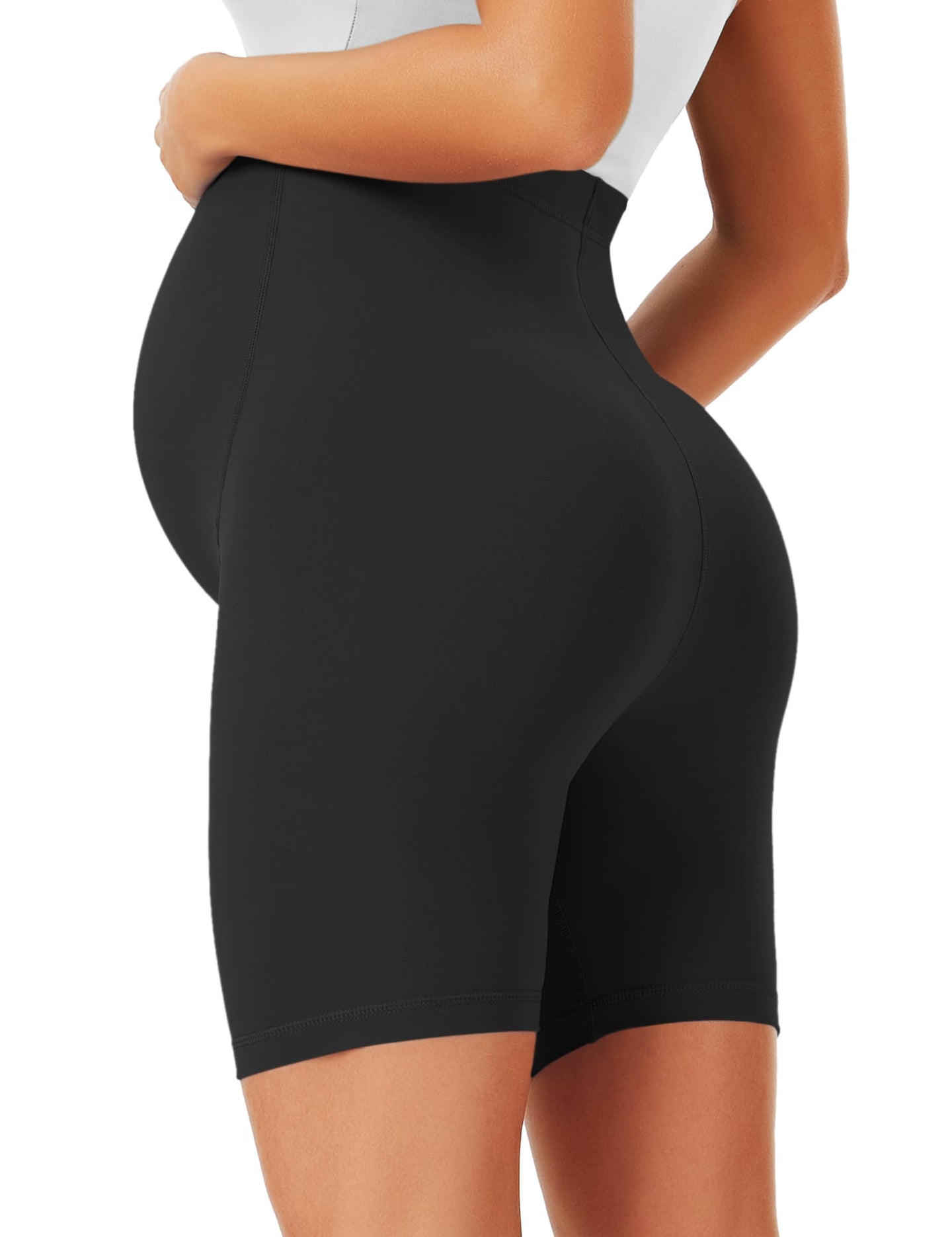 Maternity biker shorts in black, designed for comfort and support during pregnancy, featuring a high waist fit.